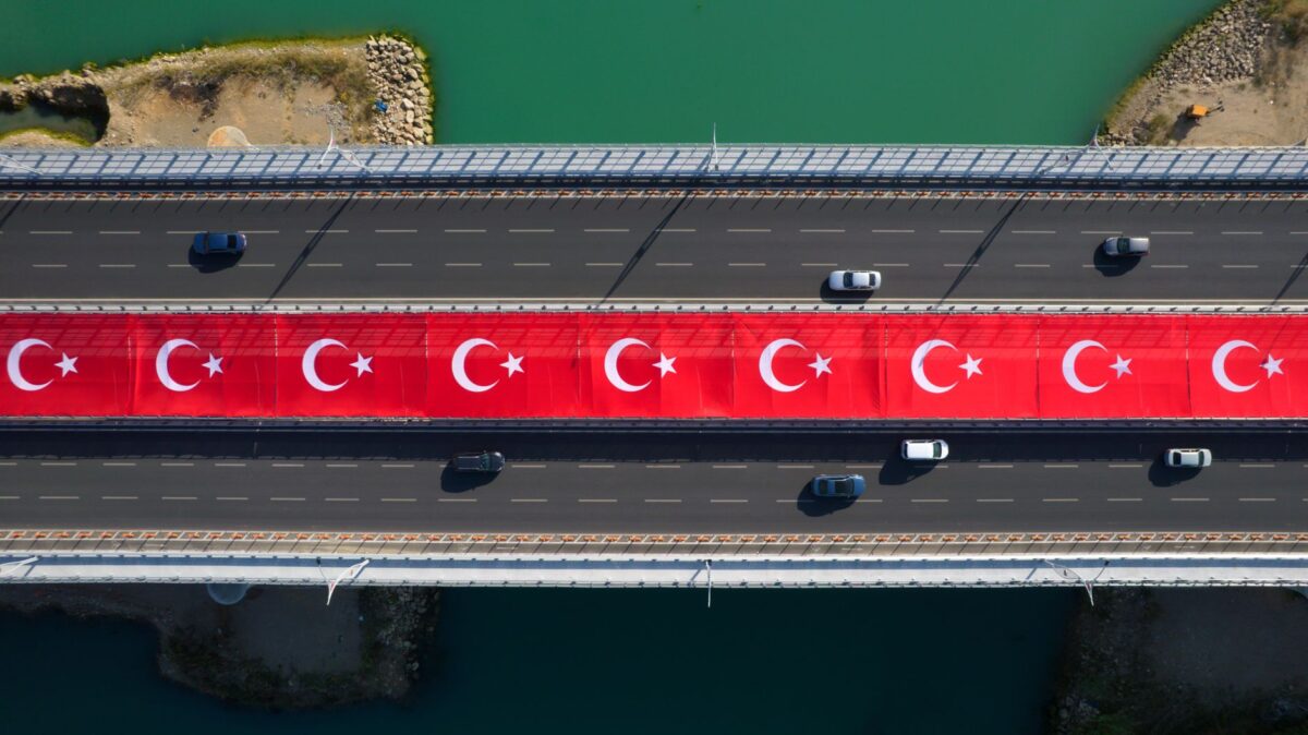 aerial view of turkish flags on the bridge
