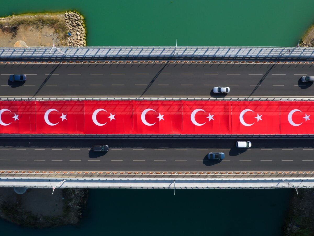 aerial view of turkish flags on the bridge