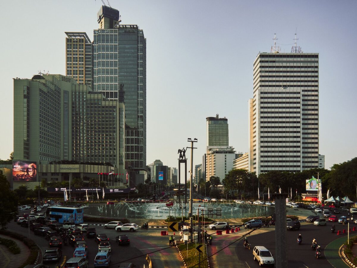 jakarta city skyline with landmark fountain