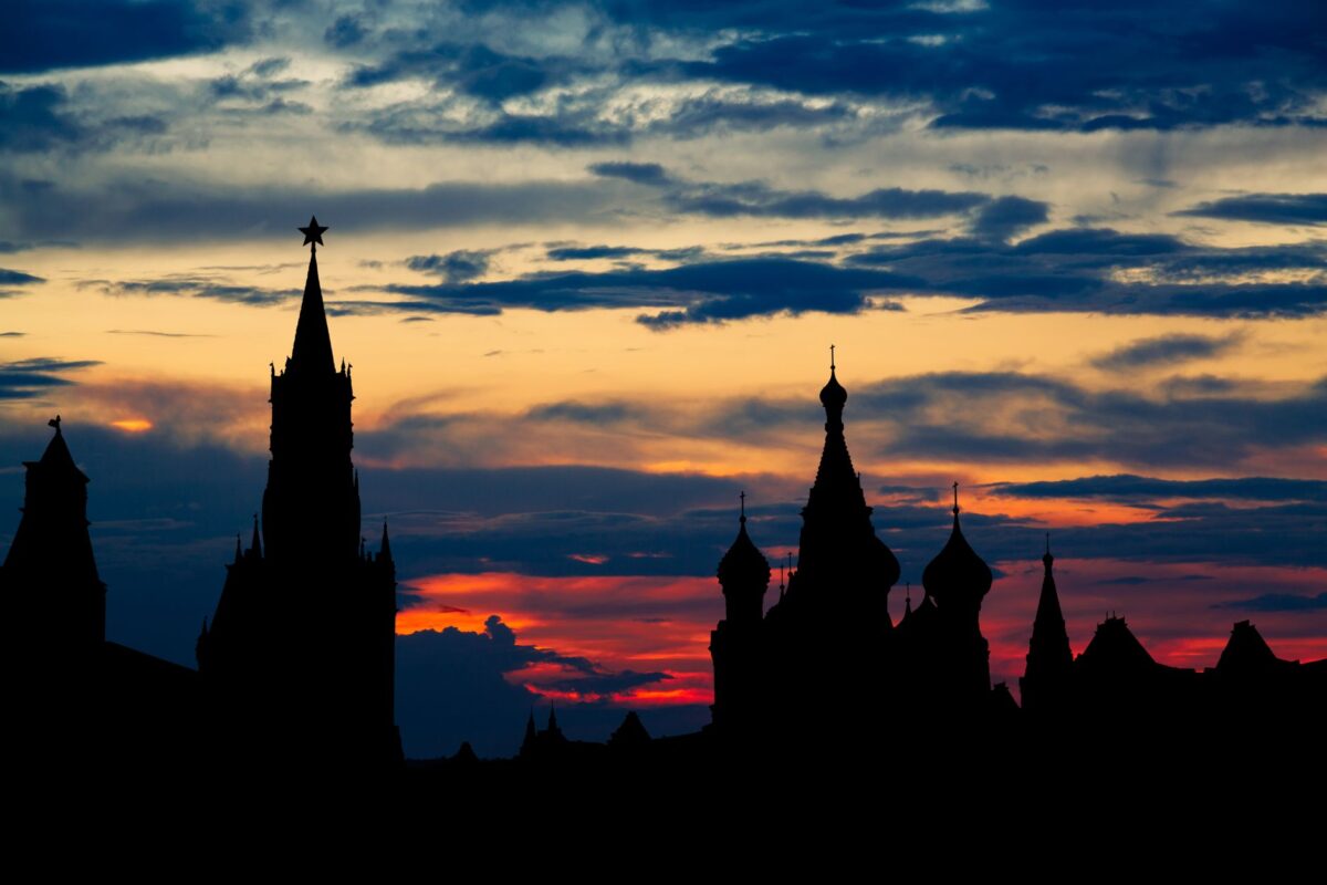 silhouette of moscow kremlin at vibrant sunset